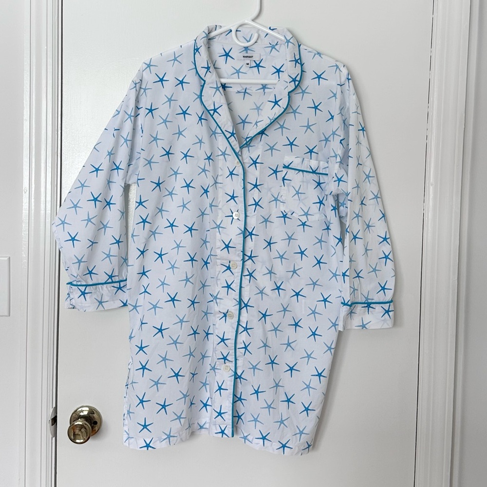 MARIGOT: 100% Cotton Blue Grotto Starfish night shirt | night gown | button down